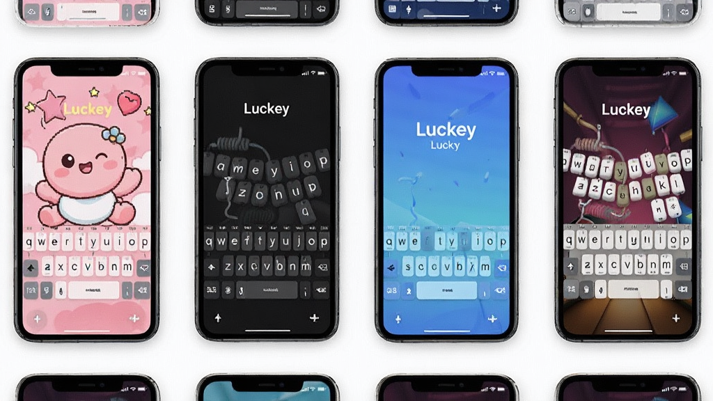 Luckey键盘主题皮肤展示界面,画面中排列着多部手机模型,每部手机屏幕显示不同风格的键盘皮肤,包括粉色卡通、深色简约、蓝色渐变等,布局整齐有序,风格活泼时尚,细节突出皮肤色彩与按键设计,画质清晰干净