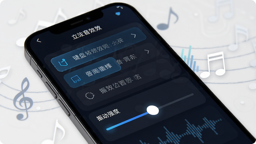 Luckey键盘按键音效设置页面,手机屏幕显示音效选择列表与振动强度滑块,背景有音符与声波图形装饰,界面设计简洁直观,风格科技感十足,细节清晰展示选项按钮与调节控件,画质干净
