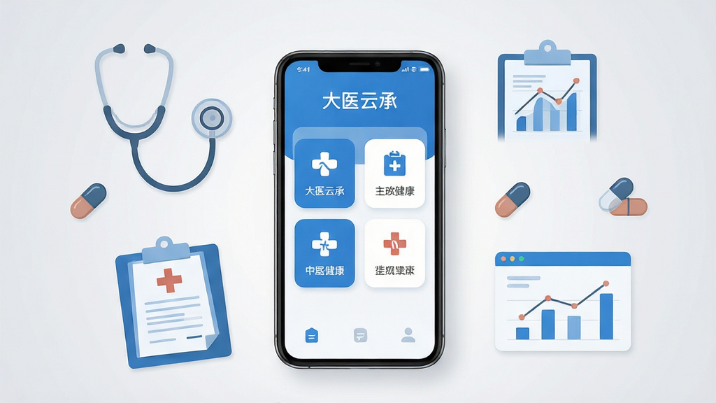 画面中央放置一部智能手机,手机屏幕显示蓝白色调医疗健康类应用主界面,界面中包含“大医云承”文字标识与功能卡片布局,手机周围环绕听诊器、病历夹、药丸图标与数据图表等扁平化元素,整体采用左右均衡构图,背景为浅灰渐变,风格为现代简约科技风,细节上突出界面卡片圆角与图标线条,画质清晰干净,无多余装饰元素