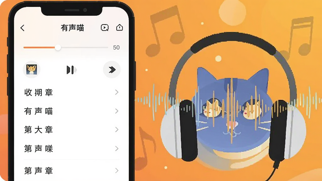 有声书收听场景插画,画面左侧为一部手机屏幕显示有声喵播放界面,界面中有进度条、倍速按钮和章节列表,右侧为耳机与声波元素环绕的抽象图形,背景为温暖的橙黄色渐变,风格简洁扁平,画面中写有“有声喵”字样,构图左右平衡,画质清晰干净,无多余元素