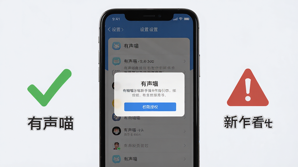 有声喵新手操作指引图,画面为手机屏幕特写,显示有声喵的权限授权弹窗与设置页面,旁边配有对勾和警示图标,界面文字清晰写有“有声喵”,背景为浅灰白色,风格简洁说明性强,构图突出操作步骤,画质高清,无多余元素