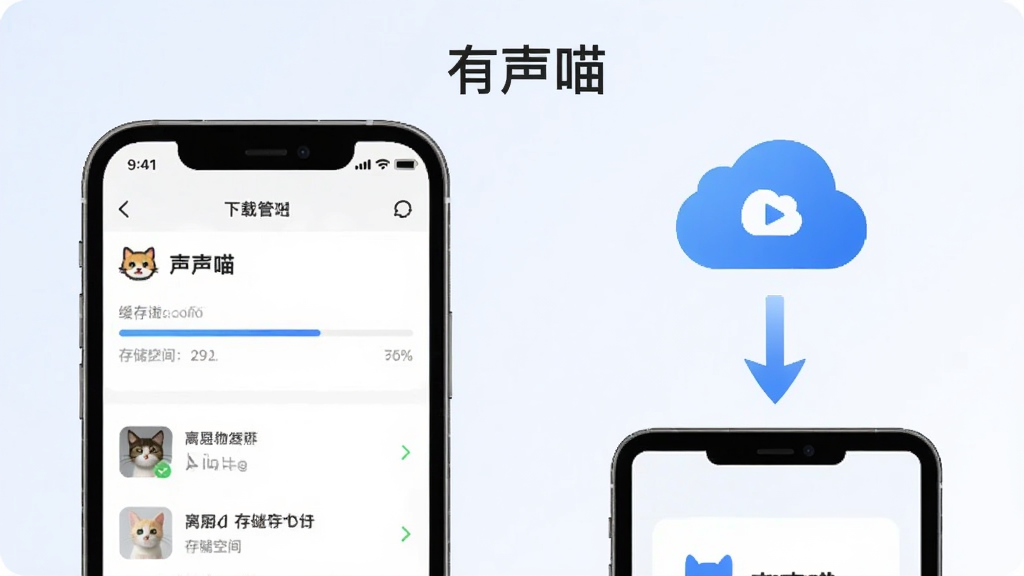 云端同步与离线缓存示意图,画面左侧为手机屏幕显示有声喵的下载管理页面,有缓存进度条和存储空间提示,右侧为云端图标与同步箭头连接另一台设备,背景为浅蓝白色调,风格简约现代,画面中写有“有声喵”字样,构图清晰,画质干净,无多余元素