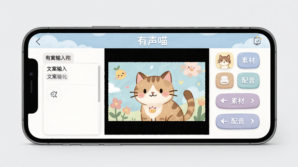 有声喵画本创作界面展示,画面为手机横屏或竖屏特写,屏幕内呈现画本编辑页,左侧为文案输入区,中间为画面预览区,右侧为素材与配音按钮,界面配色清新淡雅,画面上方写有“有声喵”应用名称,构图以手机为中心,背景为纯净浅灰,画质高清,细节清晰,无杂乱元素