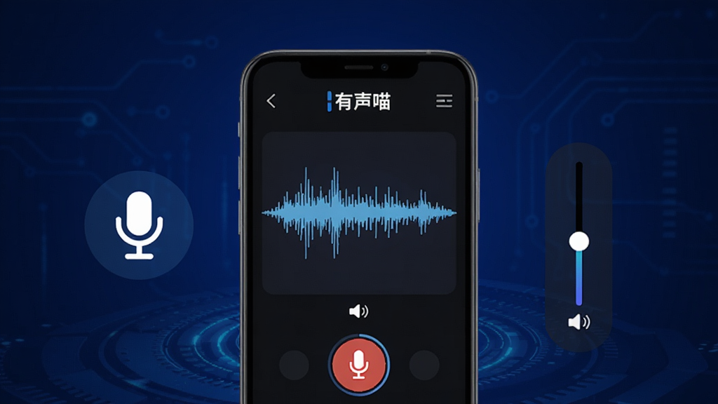 音频配音工作台概念图,画面中央为一部手机显示有声喵的录音界面,波形图清晰可见,旁边有麦克风图标和音量调节滑块,背景为深蓝色科技感渐变,界面中带有“有声喵”标识,整体风格干净利落,构图突出录音功能,画质高清,无多余装饰