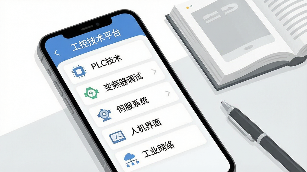 一张展示知识分类界面的手机应用截图风格插画,画面主体为手机屏幕,屏幕上呈现“工控技术平台”的栏目分类列表,包括“PLC技术”“变频器调试”“伺服系统”“人机界面”“工业网络”等条目,每个条目配有对应的简约图标,手机旁边放置一本翻开的电子书和一支笔,背景为白色与浅灰色搭配,风格清新整洁,画质细腻,无杂乱装饰