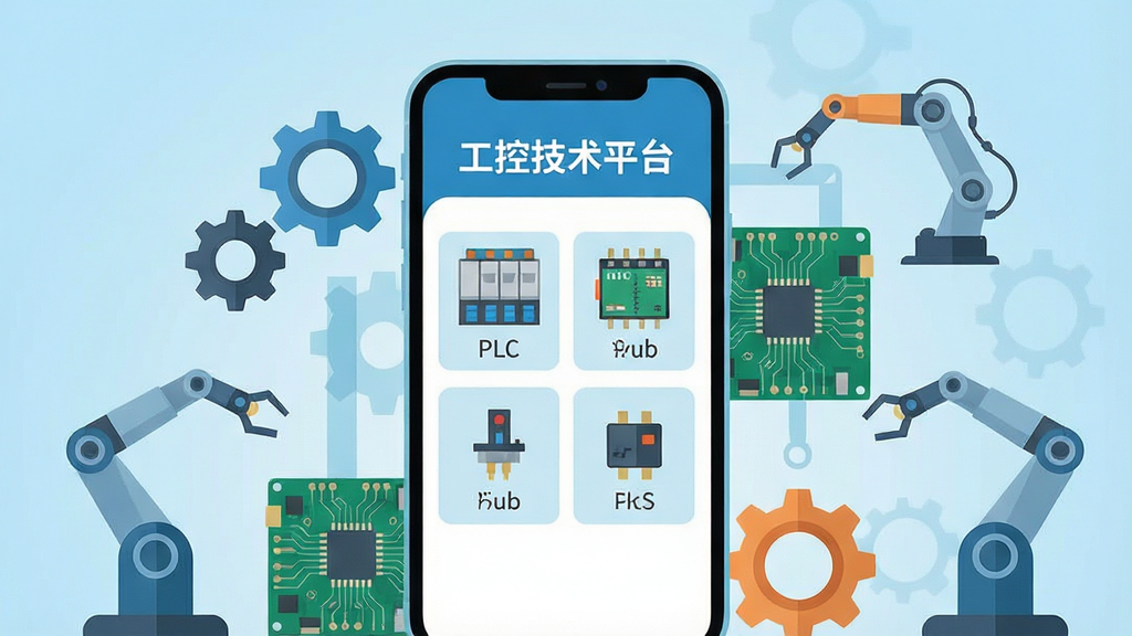 一张展示工业自动化学习场景的插画,画面中央是一部智能手机,手机屏幕上显示“工控技术平台”应用界面,界面中包含PLC、变频器、传感器等图标模块,手机周围环绕着齿轮、电路板、机械臂等工业元素,背景为浅蓝色渐变,整体风格简洁现代,扁平化设计,画质清晰,干净无多余元素