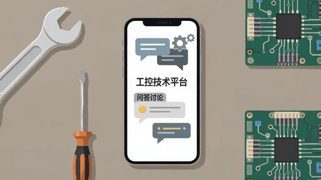 一张表现技术交流场景的插画,画面中一部手机放置在桌面中央,手机屏幕显示“工控技术平台”的问答讨论界面,屏幕上方有对话气泡和齿轮图标,手机周围有扳手、螺丝刀、电路板等工具元素,背景为暖灰色调,风格简约商务,画质清晰,构图干净