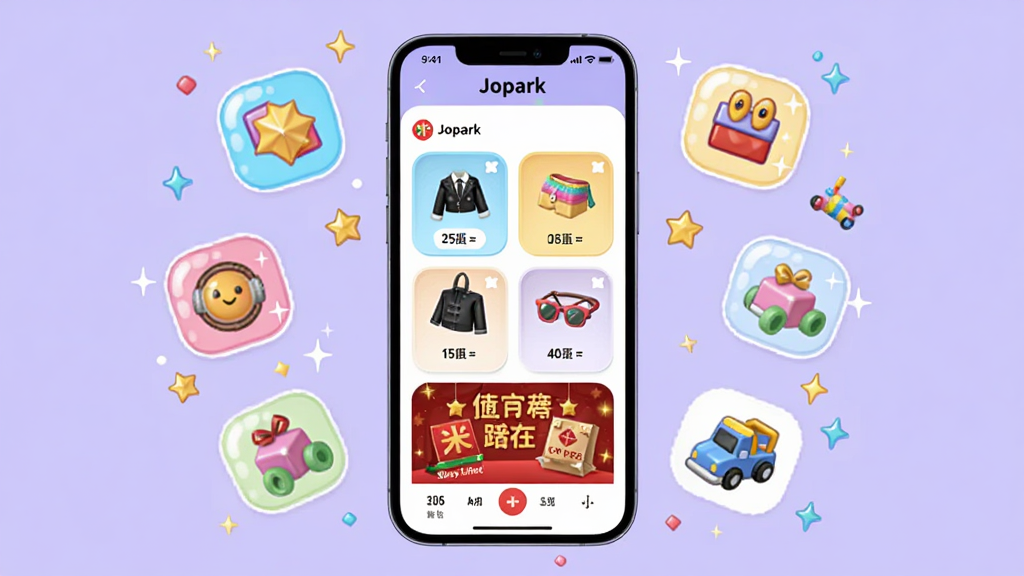 һ��չʾJoparkӦ�ø��Ի�װ���̵�����ͼƬ���������ֻ���Ļ��ʾ��������װ��ѡ��ͽ����޶����ݰ�����Ļ��ΧƯ���Ų�ɫ��װ��Ԫ�غ�������ͼ�꣬����Ϊ�ֻ����С�Ԫ�ػ��ƣ����Ϊ���ÿ�ͨ�廭��ϸ�ڰ������޵�ɫ�ʡ�Բ�ǿ�Ƭ�������׺�������������죬����Ϊǳ��ɫ�ɾ��޶���Ԫ��