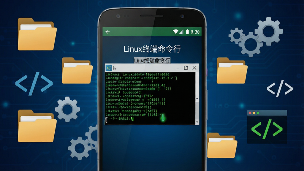 画面主体为一部安卓手机屏幕,屏幕中央显示黑底绿字的Linux终端命令行界面,界面顶部有“Linux终端命令行”标题文字,手机周围环绕着文件夹图标、齿轮图标和代码符号,布局采用居中构图,手机位于画面正中央,背景为深蓝色渐变科技风格,细节上终端窗口内有光标闪烁效果和命令行文本,画质清晰干净,无多余元素