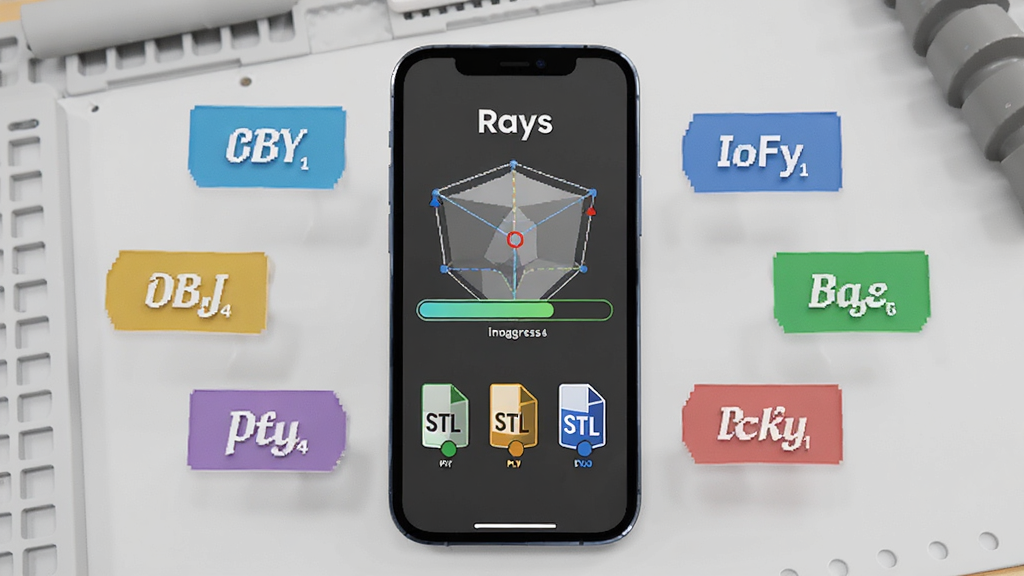 һ��չʾ Rays ģ�͵��빦�ܵ�ʾ��ͼ����������Ϊһ�������ֻ���Ļ����Ļ����ʾ��άģ�͵�����������ʽͼ�꣬��ΧƯ���� OBJ��STL��PLY �ȸ�ʽ��ǩ������Ϊǳ��ɫ����̨�棬����������죬�����������޶���Ԫ��
