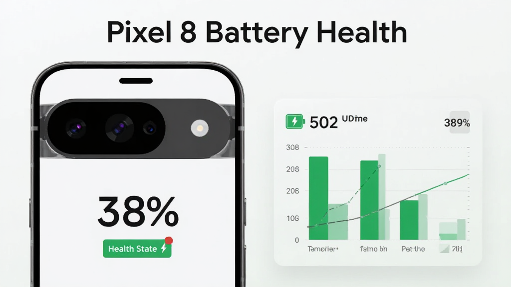 主体为一部谷歌 Pixel 8 手机特写,屏幕上显示电池健康度百分比大数字与绿色健康状态标签;布局为手机居中偏左,右侧悬浮半透明数据面板展示容量对比条形图;排版上方留白放置文字“Pixel 8 Battery Health”;风格为清新科技扁平风,浅色背景配绿色高亮;细节包含电池剖面图标、百分比刻度、细线图表;画质清晰,干净无杂色,无多余元素