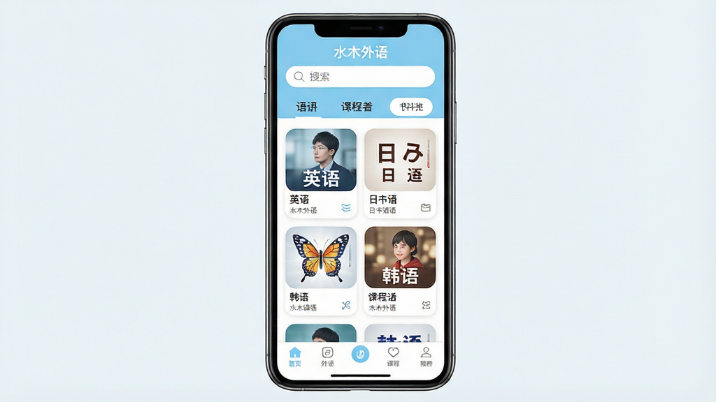 һ���ֻ�Ӧ�ý���չʾͼ������������һ�����������ֻ�����Ļ����ʾ��ˮľ���App�Ŀγ���ҳ��ҳ���Ϸ����������������л���ǩ���в�Ϊ�γ̿�Ƭ�б�������Ӣ��������ȷ���ͼ���ײ�Ϊ�����������岼�־��жԳƣ�������¼�Լ����ǳ�����ɫΪ��ɫ����ϸ����ͻ����ƬԲ����ͼ�����������������ɾ����޶���װ��Ԫ��