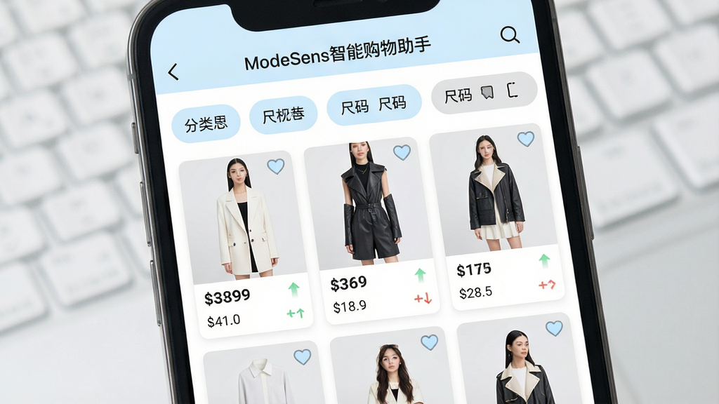 ����Ϊ�ֻ���ĻչʾModeSens���ܹ��������ղؼн��棬������Ʒ����ͼ���۸��ǩ�����ɸѡ��������Ϊ���½ṹ���Ϸ�Ϊ�����ǩ���·�Ϊ��Ʒ�����б����Ű����������ơ�ModeSens���ܹ������֡���ʾ�ڶ��������������Ϊ����ǳɫ�ƶ���UIչʾ�磬��ɫ�԰�ɫ��ǳ����ǳ��Ϊ����ϸ������Ʒ��Ƭ���������ղ�ͼ����۸�䶯��ͷ����������������ɾ����޶���Ԫ��