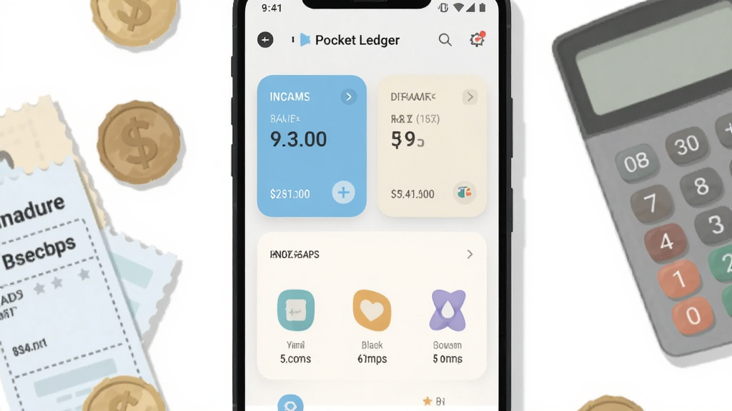 ����Ϊһ��������׿�ֻ�����Ļ����չʾ Pocket Ledger �ļ��������棬��������֧����Ƭ�����ͼ�ꣻ���ֲ��þ��й�ͼ���ֻ�����ɢ��Ӳ�ҡ�Ʊ���������Ԫ�أ��Ű�ͻ��Ӧ�ý���Ϊ�Ӿ����ģ��������׳��㣻���Ϊ��ˬ��ƽ���廭��ǳ�����װ���ɫ��ϸ����ǿ������������ͼ��Բ����Ӱ��ͣ����ʸɾ������������ұ������޶������ֶ���