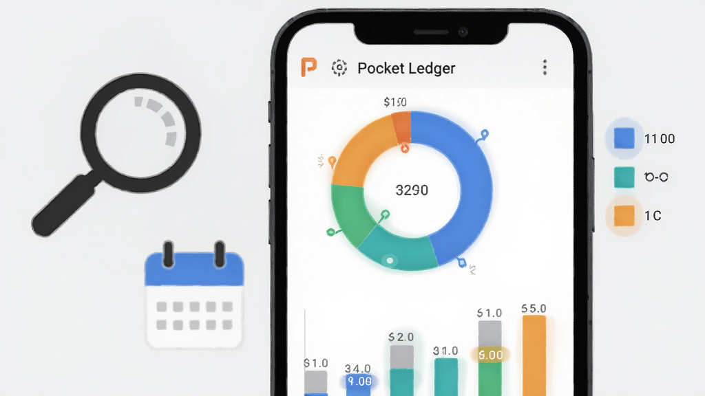 ����Ϊ�ֻ���Ļչʾ Pocket Ledger ���¶�ͳ�ƻ���ͼ������ͼ��ͼ���Ա�ע����ɫ�飻����Ϊ��Ļ����ƫ�ң����Ư���Ŵ�������ͼ�ꣻ�Ű�ǿ��ͼ���Ĳ����ɫ�����֣����Ϊ���µ����ݿ��ӻ��廭��ǳ�ҵ������̳���ɫ��ϸ���ϻ���ͼ�ֶ�����������ͼ�߶ȴ��䡢���ֱ�ǩ���������ʸɾ��������ұ���