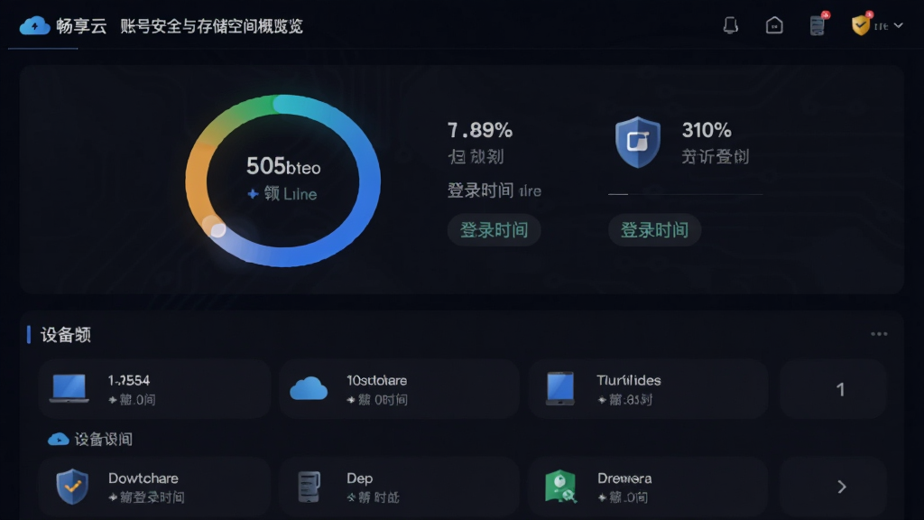 主体为“畅享云”账号安全与存储空间概览页面,布局为上方环形容量图加下方设备列表,排版上下结构清晰,风格为深色科技感界面,细节包含百分比数字、设备图标、登录时间标签与安全盾牌标识,画质高清干净,无多余元素