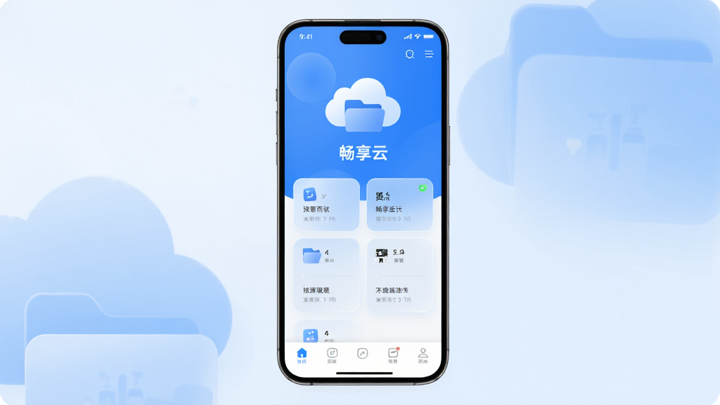 主体为一部智能手机屏幕显示“畅享云”应用主界面,布局采用居中构图,上方是云朵与文件夹组合图标,中间为功能卡片列表,下方为底部导航栏;排版清爽留白充足,风格为现代扁平化科技蓝配色,细节包含半透明磨砂卡片、圆角图标与柔和渐变背景,画质高清干净,无多余元素