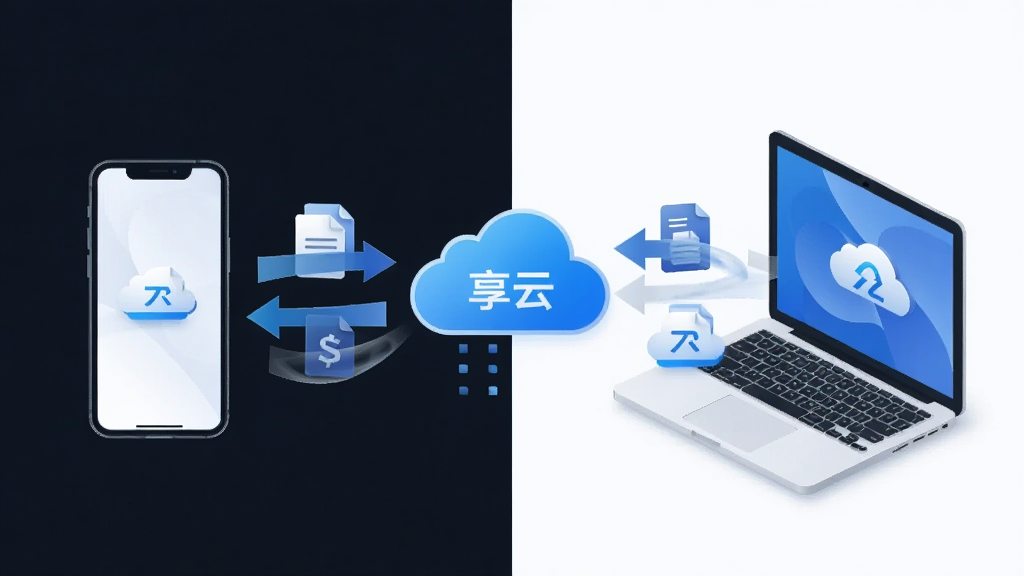 主体为手机与笔记本电脑之间通过云朵图标连接的数据同步示意画面,布局为左右分屏对比,排版对称均衡,风格为简约商务插画风,细节包含双向箭头、文件图标流动轨迹与“畅享云”品牌标识,画质高清干净,无多余元素
