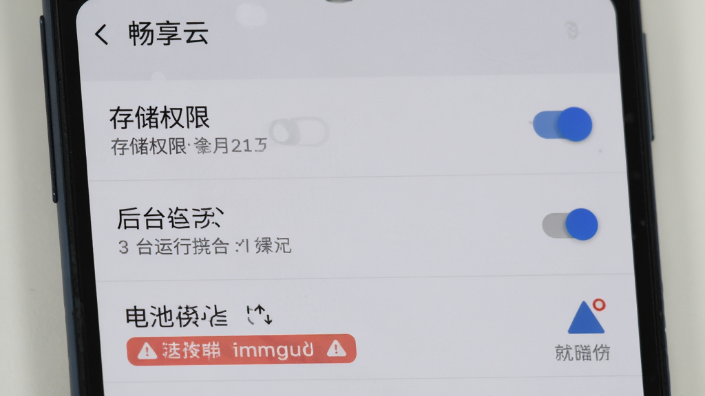 主体为安卓手机设置界面中“畅享云”权限管理页面特写,布局为纵向列表式开关项,排版清晰直观,风格为系统设置风浅灰界面,细节包含存储权限开关、后台运行选项、电池优化提示与红色警示标签,画质高清干净,无多余元素