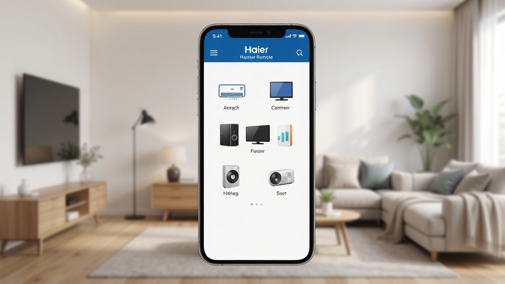 һ��չʾ�����ֻ���Ļ��ͼƬ����Ļ����ʾHaier RemoteӦ�ý��棬�������пյ������ӵȼҵ����ͼ�꣬��������ܰ���ִ������������������ϸ�����������ʸɾ����޶���Ԫ��