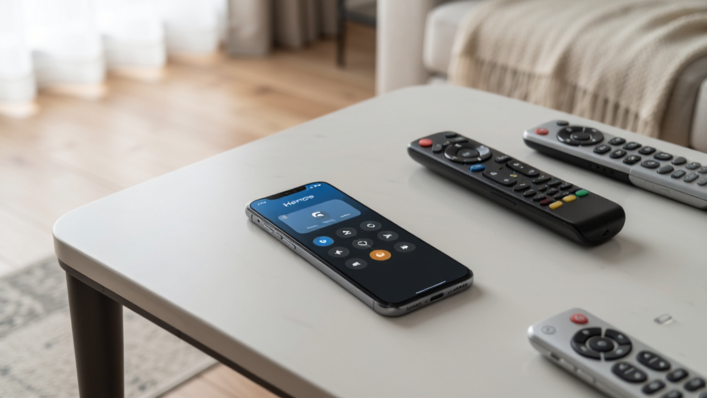 һ���ֻ����ڿ����輸�ϣ���Ļ��ʾHaier Remote��ң�ؽ��棬��Χɢ���ż�����ͳң�������γɶԱȣ��������ִ���Լ��������ͣ����������ɾ�