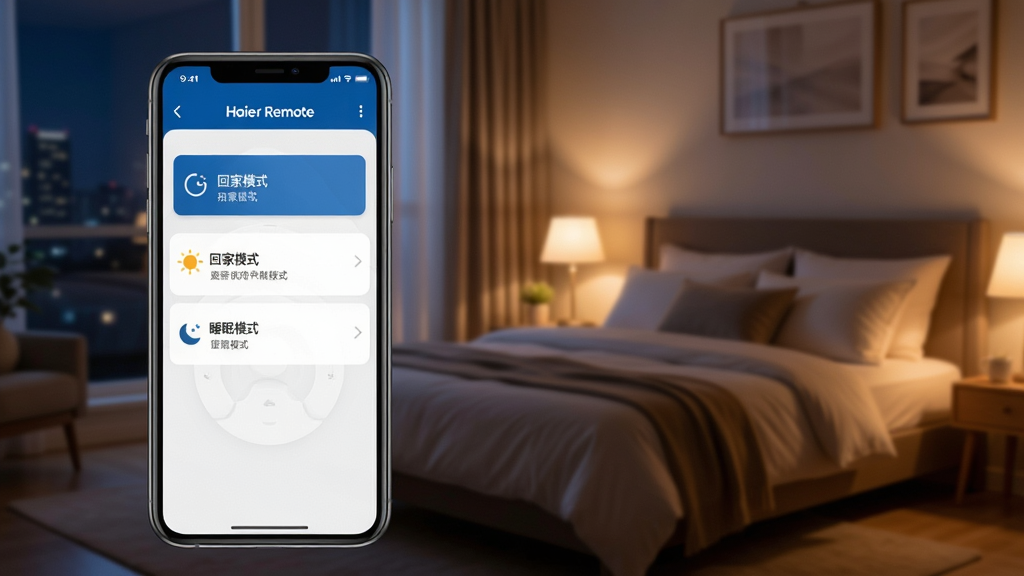�ֻ���Ļ��ʾHaier Remote�ĳ�������ҳ�棬�С��ؼ�ģʽ����˯��ģʽ����ѡ�������ҹ�������ң���Χ��ܰ��������Ƽ���������н�ϣ�ϸ�ڷḻ�����ʸɾ�