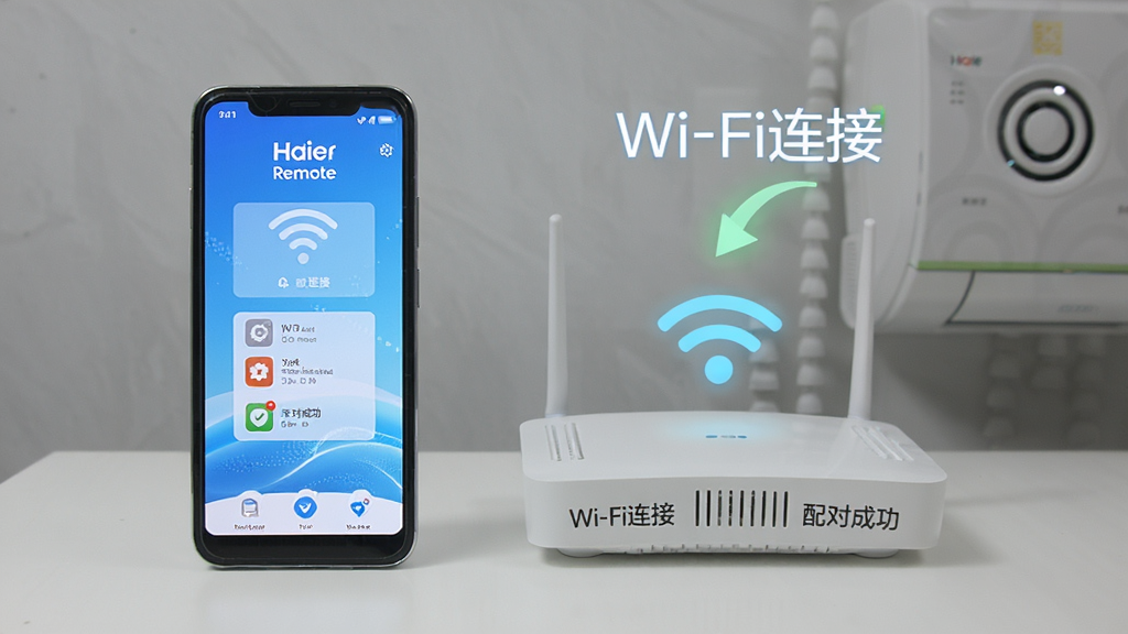 һ���ֻ���ʾHaier RemoteӦ�ý��棬�Ա���·������յ����������С�Wi-Fi���ӡ��͡���Գɹ������Ӿ�Ԫ�أ����Ƽ�ʵ�ã��������������ʸɾ�