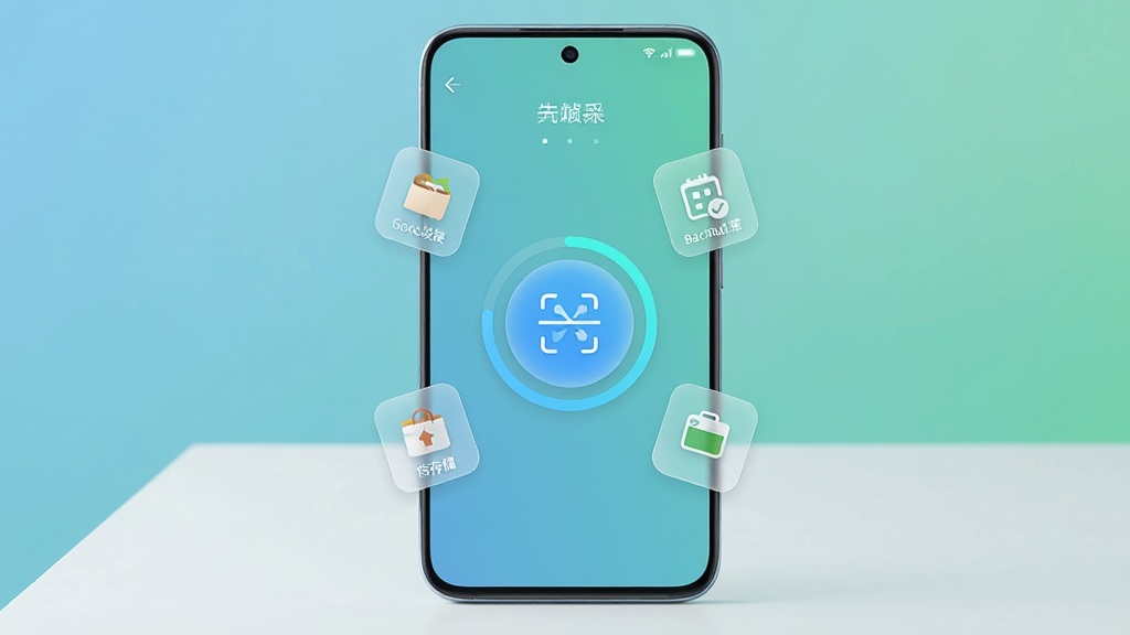 画面中心展示一部现代智能手机,屏幕点亮并显示手机一键清理加速软件的主界面,界面中央有一个醒目的圆形扫描按钮和清理进度环,周围环绕着代表缓存垃圾、后台进程、存储空间的半透明图标元素。手机放置在干净的浅色桌面上,背景是柔和的渐变蓝绿色调,整体风格简洁明快,细节丰富,画质清晰,干净无多余元素,无杂乱文字。