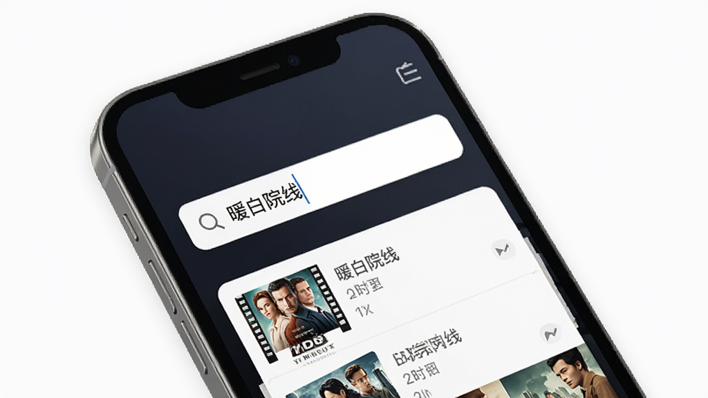 暖白院线搜索功能界面,手机屏幕展示搜索框与候选影片列表,搜索框内显示文字“暖白院线”,背景为深色渐变,风格清爽,布局合理,细节清晰,画质干净
