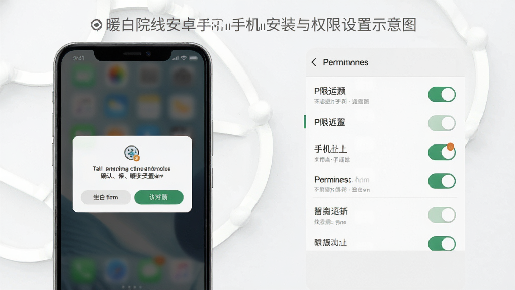 暖白院线安卓手机安装与权限设置示意图,画面展示手机屏幕弹出安装确认对话框与权限开关界面,背景简洁,风格写实,布局清晰,细节丰富,画质干净