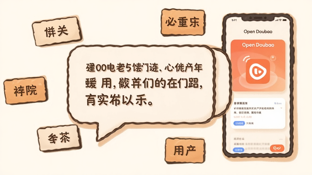 画面中央是一个对话气泡,气泡内写着中文短句,气泡周围环绕几个小型中文词语卡片,右侧是一部显示