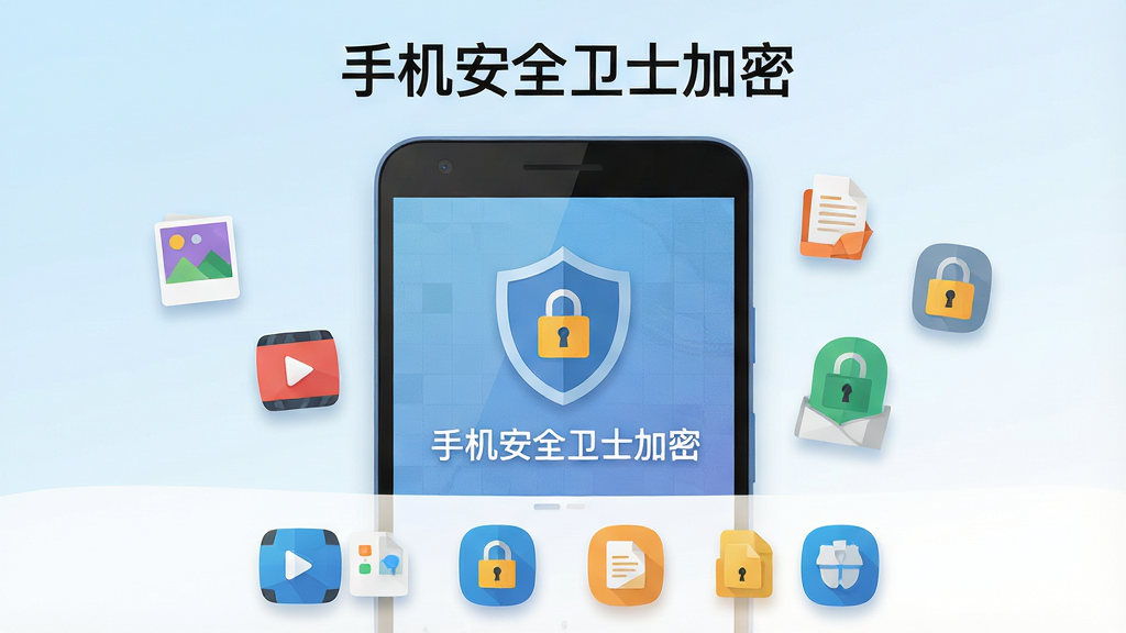 一台安卓手机居中放置,屏幕显示带盾牌与锁形图标的加密界面,界面文字为“手机安全卫士加密”,周围漂浮相册、视频、文档、应用锁的扁平化小图标,背景为浅蓝到白色的渐变,整体布局上下分层、上方为软件名称标题、下方为功能图标矩阵,风格为清爽科技扁平插画,细节包括细微网格纹理与柔和投影,画质清晰干净、无多余元素