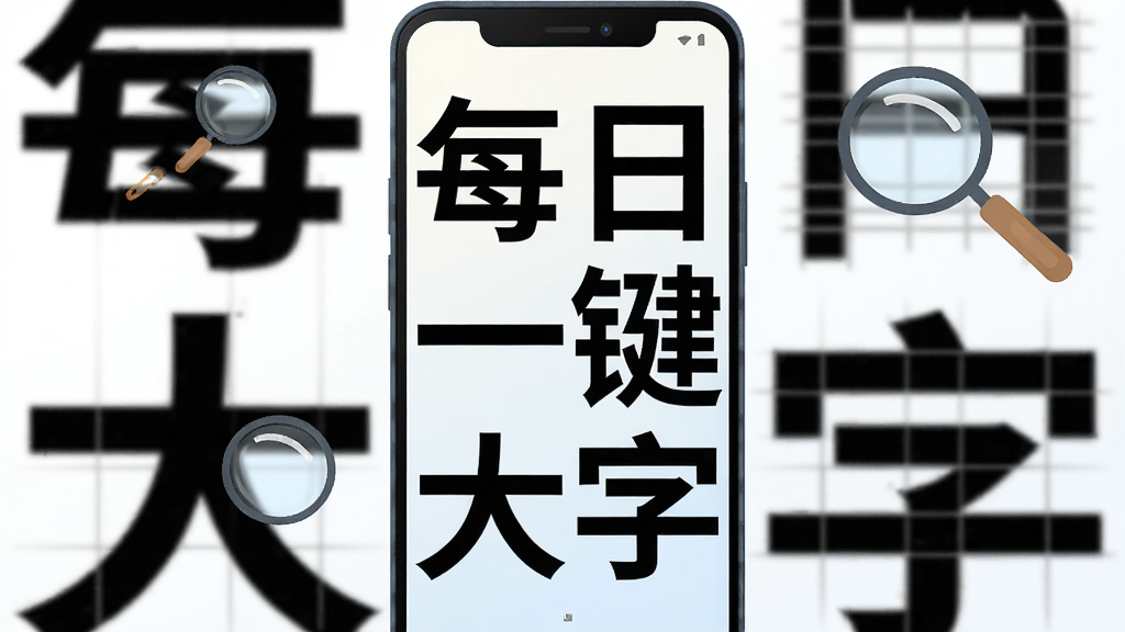画面中央是一部竖屏安卓手机,手机屏幕显示超大号黑色中文文字“每日一键大字”,文字占据屏幕主要区域,背景为干净的浅色渐变,手机周围环绕简洁的放大镜图标与文字排版网格元素,整体采用扁平化数字插画风格,细节清晰,画质干净明亮,无多余装饰元素