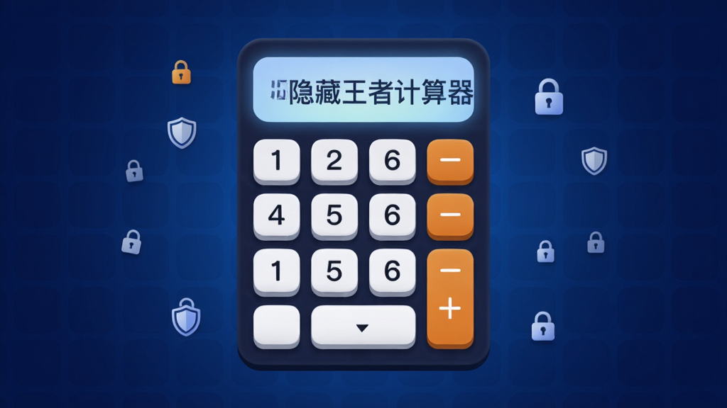 画面主体是一个悬浮在深蓝色渐变背景上的计算器界面,按键排列整齐,数字键为白色圆角矩形,运算符键为橙色,布局采用正面平视视角,计算器占据画面中央,四周环绕细小的锁形图标与盾牌图标作为装饰,风格为简洁的UI展示风格,细节包括按键的轻微立体阴影、屏幕显示区域的淡蓝色光晕、背景中若隐若现的网格纹理,画质高清干净,无多余元素,图片中打文字“隐藏王者计算器”