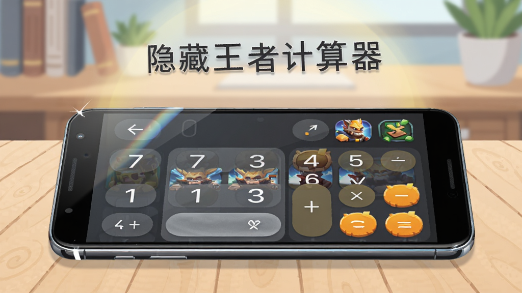 画面主体是一部安卓手机平放在浅色木质桌面上,手机屏幕显示一个简洁的计算器界面,计算器按键区域隐约透出半透明的游戏图标轮廓,布局采用居中构图,手机占据画面中心偏下位置,上方留白处用柔和光晕点缀,风格为现代科技感扁平插画,细节包括手机边缘的高光反射、计算器数字键的细腻质感、背景中虚化的书桌与绿植,画质清晰干净,无多余元素,图片中打文字“隐藏王者计算器”