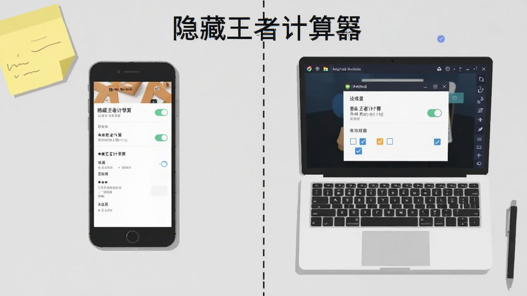 画面主体是一部手机与一台笔记本电脑并排放在浅灰色桌面上,手机屏幕显示隐藏王者计算器的设置界面,电脑屏幕显示安卓模拟器窗口,布局采用左右对称构图,中间用一条虚线分隔移动端与电脑端,风格为扁平化教程示意图,细节包括手机与电脑的简洁轮廓、界面上的开关按钮与勾选框、桌面上的便签纸与笔,画质清晰干净,无多余元素,图片中打文字“隐藏王者计算器”