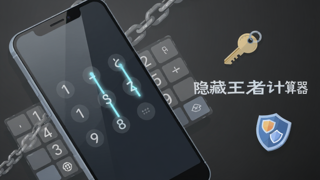 画面主体是一部手机屏幕特写,屏幕上显示九宫格手势密码图案,周围环绕半透明的数字键盘与锁链元素,布局采用对角线构图,手机倾斜放置于画面左侧,右侧留出空间展示漂浮的钥匙与盾牌图标,风格为扁平化科技插画,细节包括手势轨迹的淡蓝色光效、屏幕玻璃的反光质感、背景的深灰色渐变,画质清晰干净,无多余元素,图片中打文字“隐藏王者计算器”
