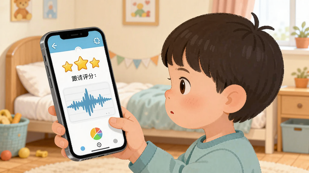 一个小孩子对着手机屏幕朗读绘本,屏幕上显示小孩子点读软件的跟读评分界面,有星星评分和发音波形图,孩子表情认真,背景是温馨的儿童卧室,插画风格,构图对称,色彩柔和,细节清晰,画质干净,无多余元素