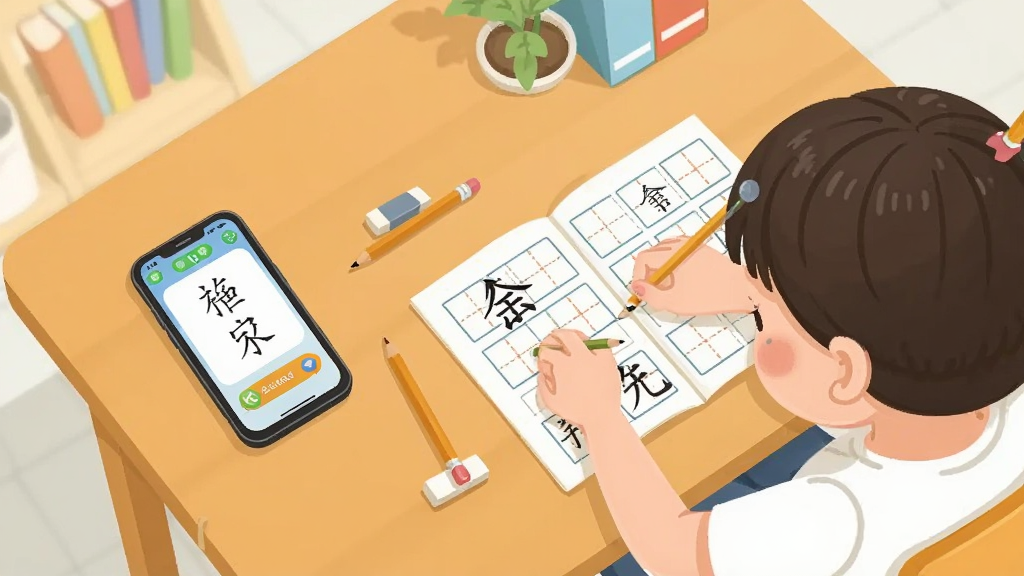 一个小孩子在书桌前听写生字,旁边手机播放小孩子点读软件的听写界面,孩子正在田字格本上写字,桌上有铅笔和橡皮,背景是整洁的学习角,插画风格,俯视视角,布局清晰,风格简约,细节生动,画质干净,无多余元素