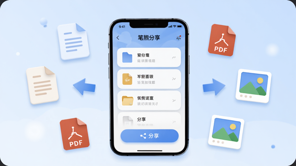 画面主体是一部智能手机,屏幕中央显示“笔熊分享”应用界面,界面采用简洁卡片式布局,上方为文件列表,下方为分享按钮;手机周围环绕漂浮的文档图标、PDF图标、图片缩略图与传输箭头;布局为居中构图,背景为浅蓝渐变;风格为扁平化科技插画,细节包括柔和阴影与圆角图标,画质清晰干净,无多余元素