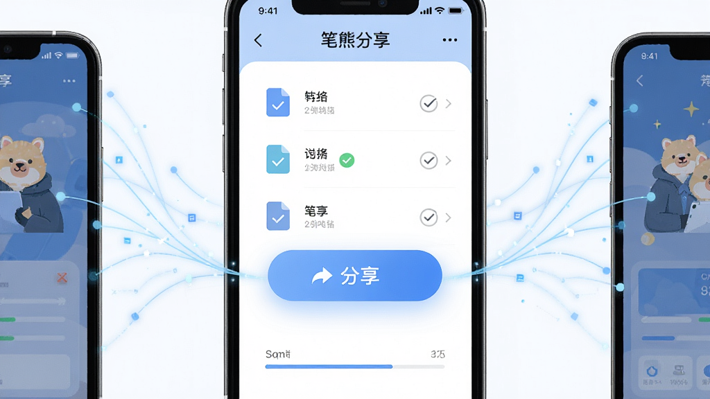 一款名为“笔熊分享”的手机应用界面特写,画面中央展示文件勾选列表与醒目的分享按钮,按钮发出柔和光晕,周围有数据流线条连接另一部手机,布局左右对称,风格为现代扁平插画,细节包括文件类型图标与进度条,画质高清干净,无杂乱元素