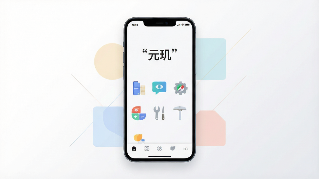 主体为一部竖直摆放的安卓手机,屏幕内展示简洁的工具类应用主界面,包含几个功能图标和底部导航栏,手机周围有浅色几何色块与细线装饰,布局居中对称,排版干净留白充足,风格为现代扁平化科技感,细节上手机边框圆角清晰、屏幕内文字用引号标注“元玑”,背景纯白到浅灰渐变,画质高清,干净,无多余元素