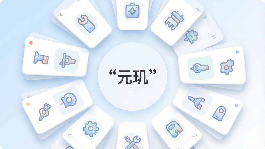 主体为多块悬浮的界面卡片围绕中心圆点排列,每张卡片上有一个简化的工具图标,布局呈放射状,排版层次分明,风格为清爽浅色系UI插画,细节上卡片边缘有柔和阴影、图标线条圆润,背景为浅蓝到白色渐变,画面中央用引号标注“元玑”字样,画质高清,干净,无多余元素