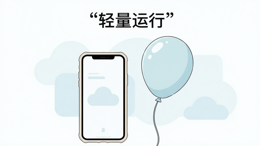主体为一部手机与一个轻飘飘的气球并排摆放,手机屏幕显示简洁界面,气球象征轻量,布局左右平衡,排版简洁,风格为清新简约插画风,细节上气球有细绳、手机有浅色保护壳、背景有淡淡云朵形状色块,画面上方用引号标注“轻量运行”,画质高清,干净,无多余元素
