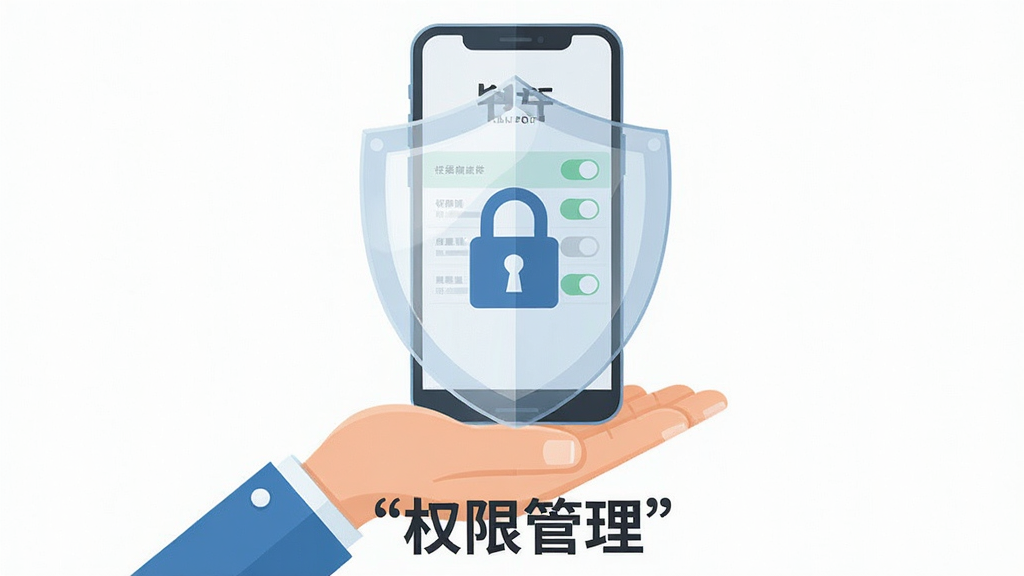 主体为一只手托着一个半透明盾牌,盾牌后方是一部手机,布局为手在下方、盾牌居中、手机在后,排版稳定居中,风格为安全主题扁平插画,细节上盾牌有锁形图标、手机屏幕显示权限开关列表,画面下方用引号标注“权限管理”,画质高清,干净,无多余元素