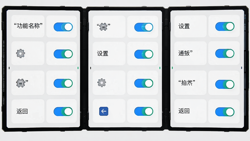 主体为一块展开的界面面板,面板上排列着文字标签和开关按钮,布局为网格状,排版整齐,风格为极简UI设计图,细节上标签文字用引号标注“功能名称”“设置”“返回”等字样、开关有蓝绿两色状态,背景为浅灰,画质高清,干净,无多余元素