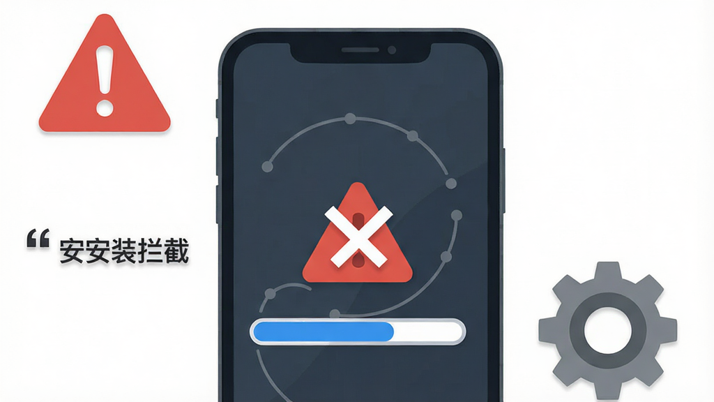 主体为一部手机屏幕显示安装进度条与一个带叉号的警告图标,旁边有设置齿轮图标,布局为手机居中、警告图标在左上、齿轮在右下,排版错落有致,风格为问题解决主题扁平插画,细节上进度条为蓝色、警告图标为红色、齿轮为灰色,画面中用引号标注“安装拦截”字样,画质高清,干净,无多余元素