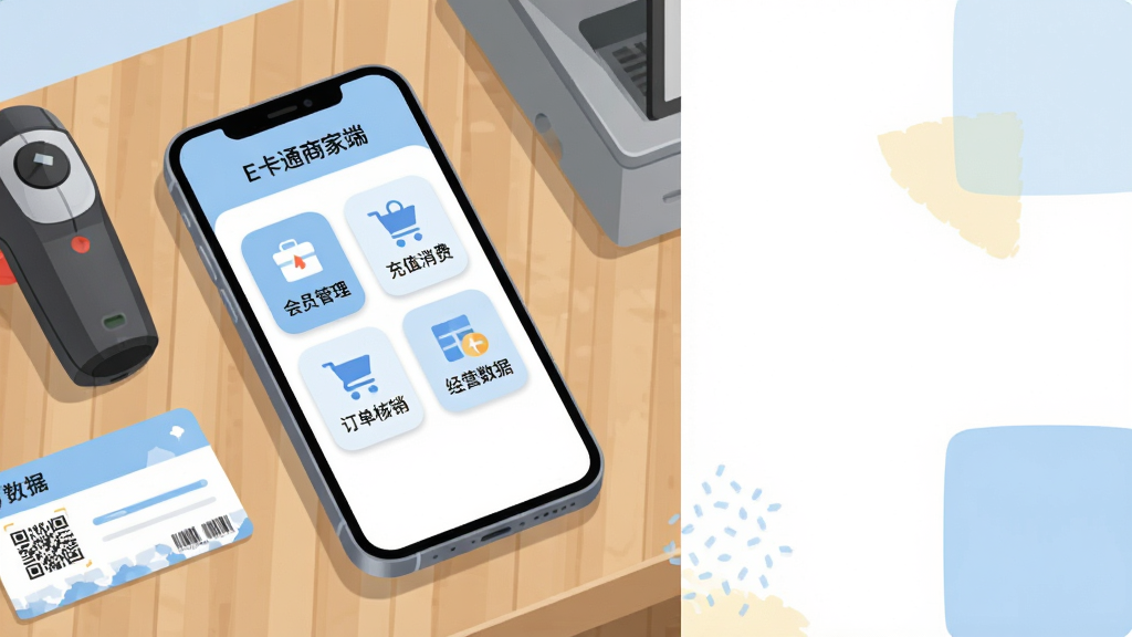 画面主体是一部智能手机,屏幕上显示E卡通商家端商户管理首页界面,包含会员管理、充值消费、订单核销、经营数据四个功能入口图标,手机平放在木质收银台上,旁边摆放扫码枪和会员卡;布局为手机居中偏左,右侧留白放置浅色几何色块;排版简洁,图标横向排列;风格为清新商务扁平化插画;细节包含柔和阴影、圆角卡片、淡蓝与白色主色调;画质高清,画面干净,无多余元素