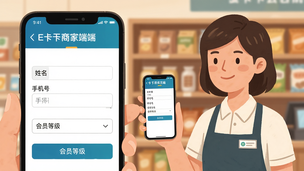 画面主体是一位店员手持手机,手机屏幕显示E卡通商家端会员开卡表单界面,包含姓名、手机号、会员等级下拉框;布局为人物半身位于画面右侧,左侧为放大的手机界面特写;排版上下分层,突出表单区域;风格为温暖生活化插画;细节包含店内货架虚化背景、手机屏幕高亮、表单字段清晰可辨;画质高清,画面干净,无多余元素