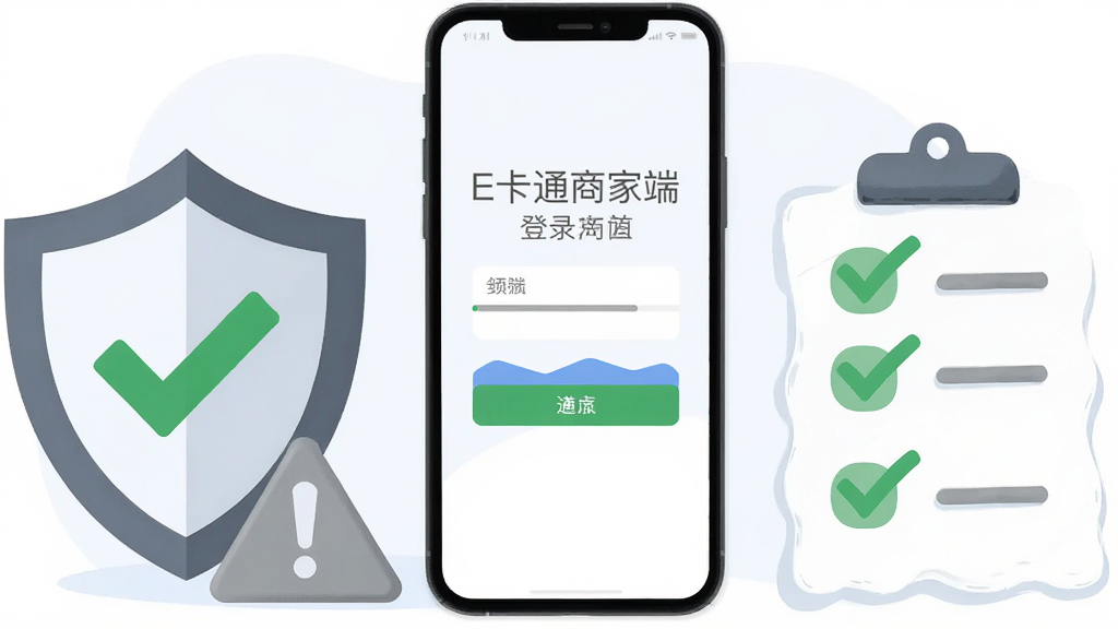 画面主体是一部手机显示E卡通商家端登录界面,屏幕旁放置盾牌图标与勾选清单;布局为手机居中,左侧盾牌,右侧清单;排版左右对称;风格为扁平化安全提示插画;细节包含绿色对勾、灰色警示三角、浅色背景;画质高清,画面干净,无多余元素